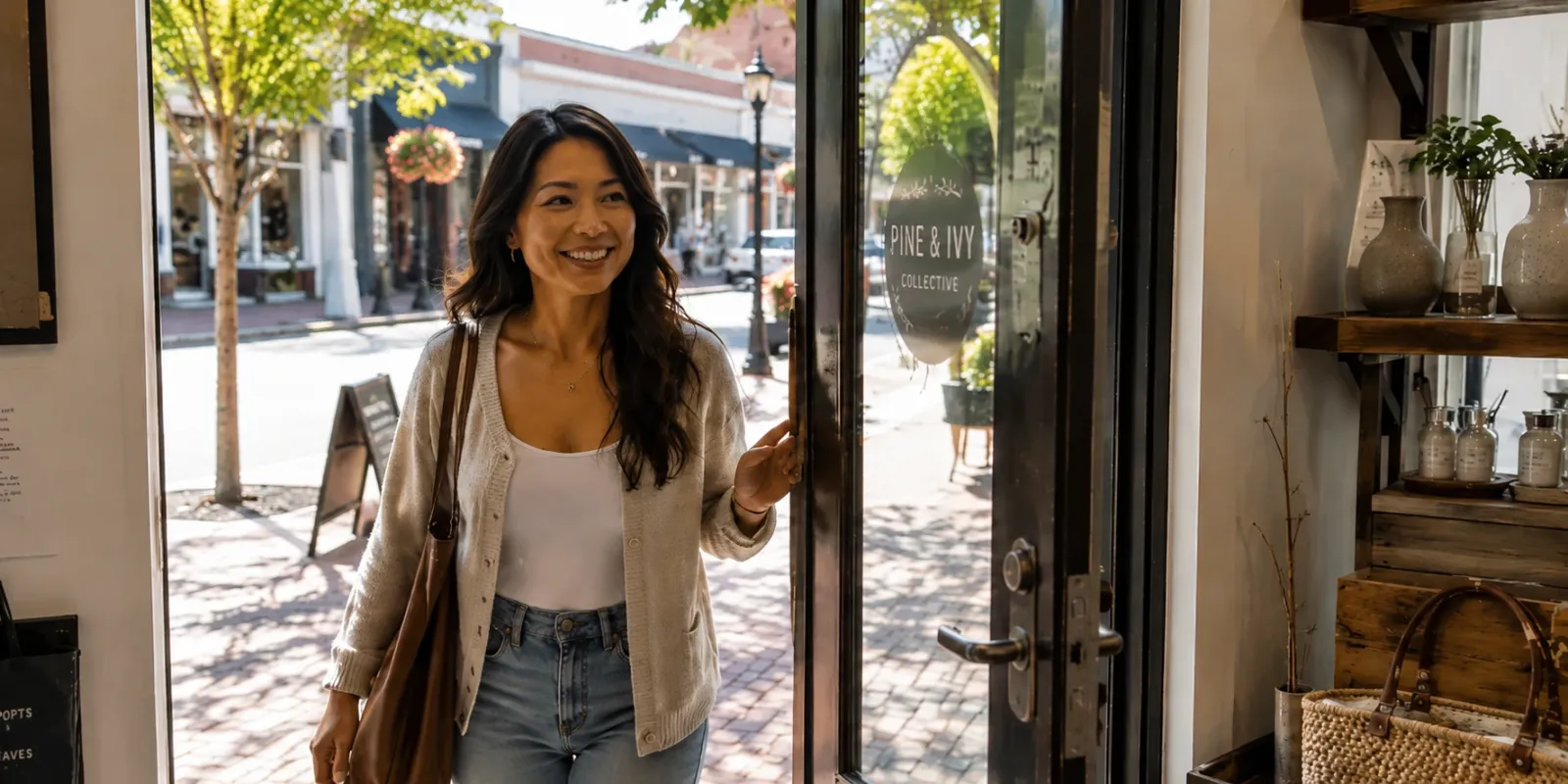 A person entering a storefront